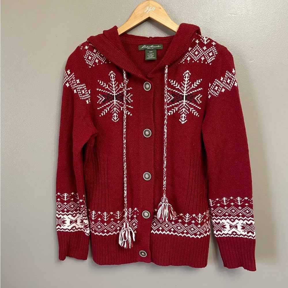 Eddie Bauer Women’s Medium Red Nordic Button Down Hooded Cardigan Sweater wool